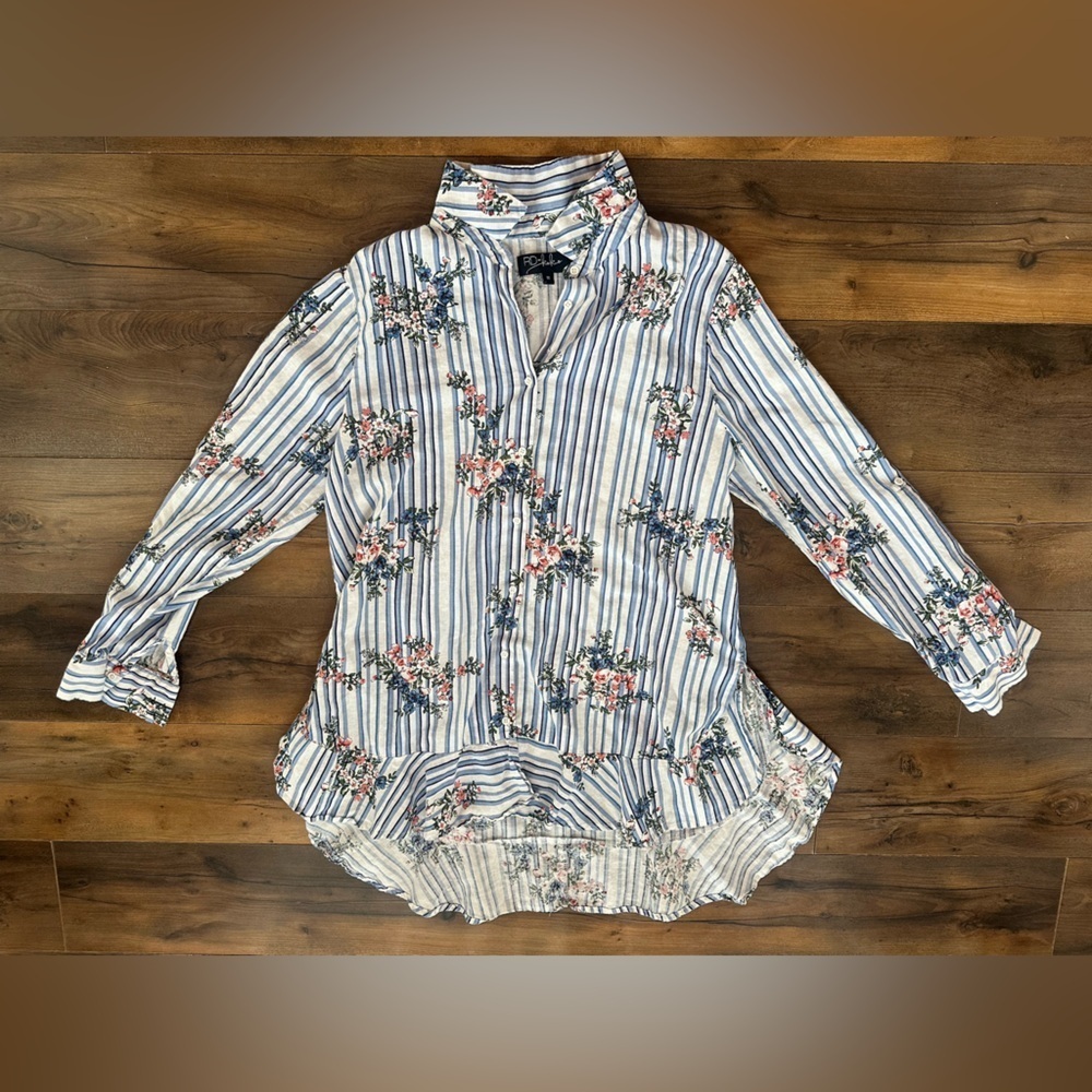 RD + Koko Linen Floral Stripe Blouse French Girl Quiet Luxury Cottagecore M
